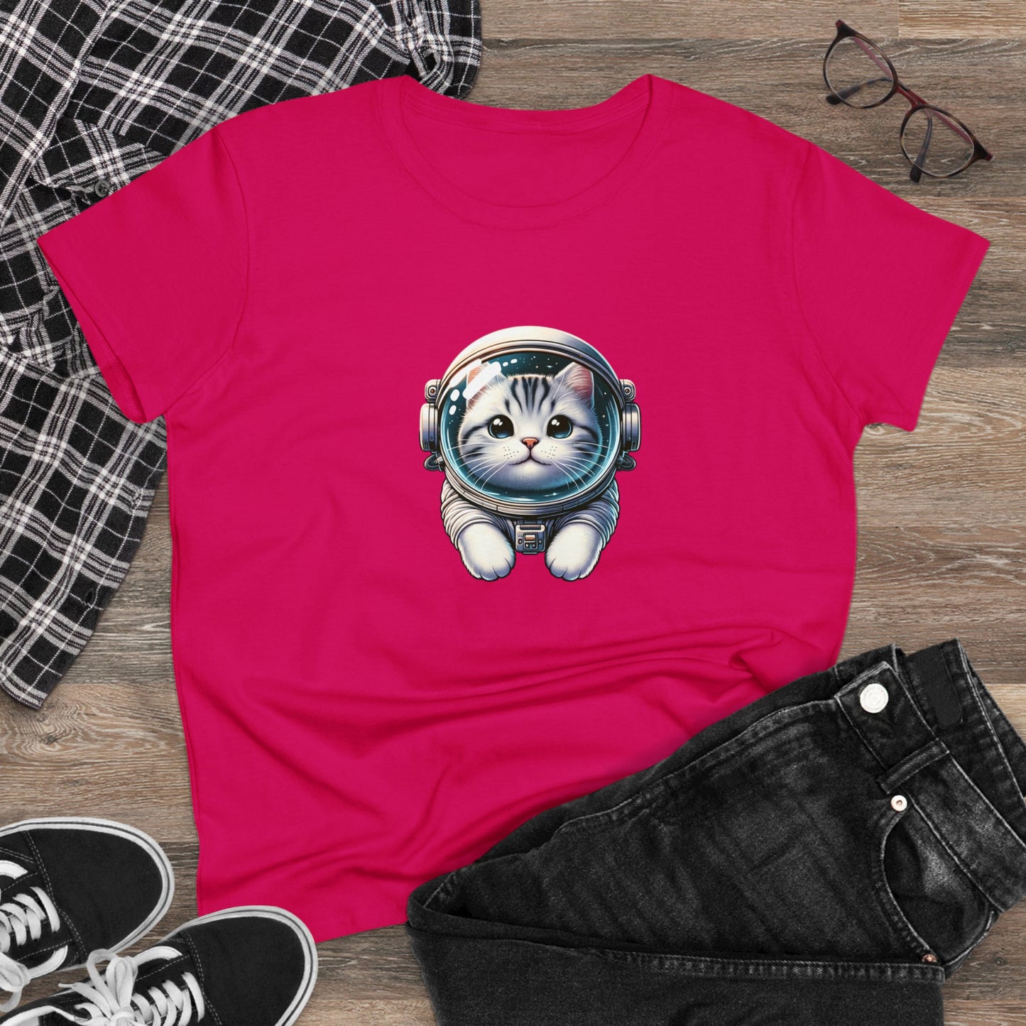 Space Cat, Gray Tiger Kitty, Women's Midweight Cotton Tee