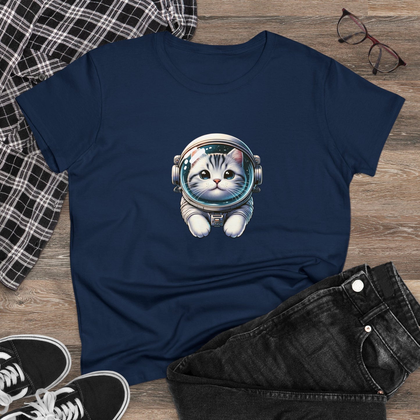 Space Cat, Gray Tiger Kitty, Women's Midweight Cotton Tee