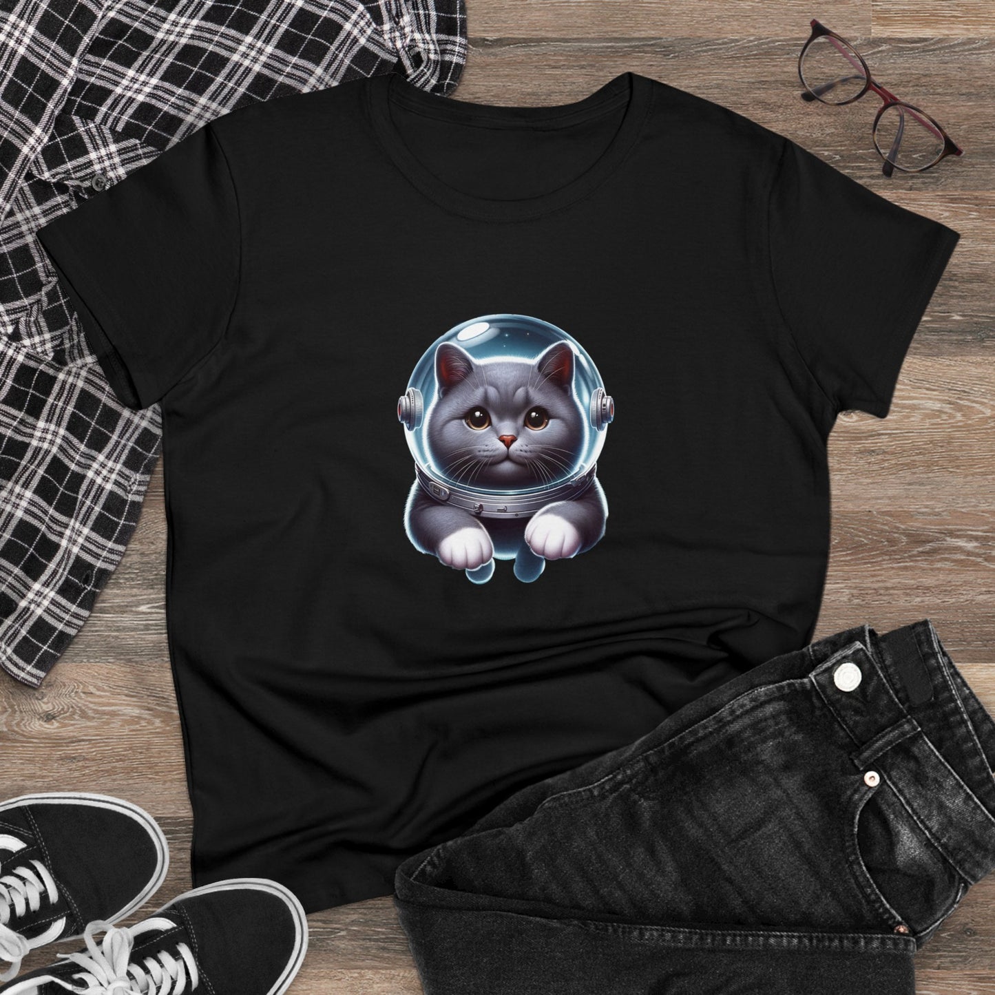 Space Cat, Gray Kitty, Women's Midweight Cotton Tee