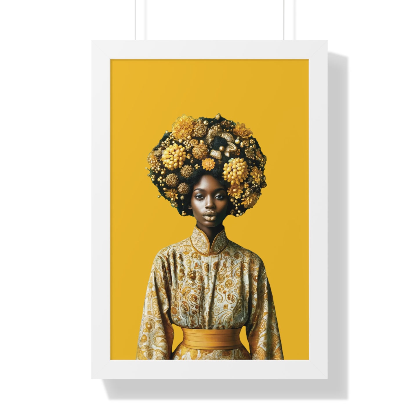 Framed Vertical Poster Peaceful African Woman with Yellow Flowers no bg