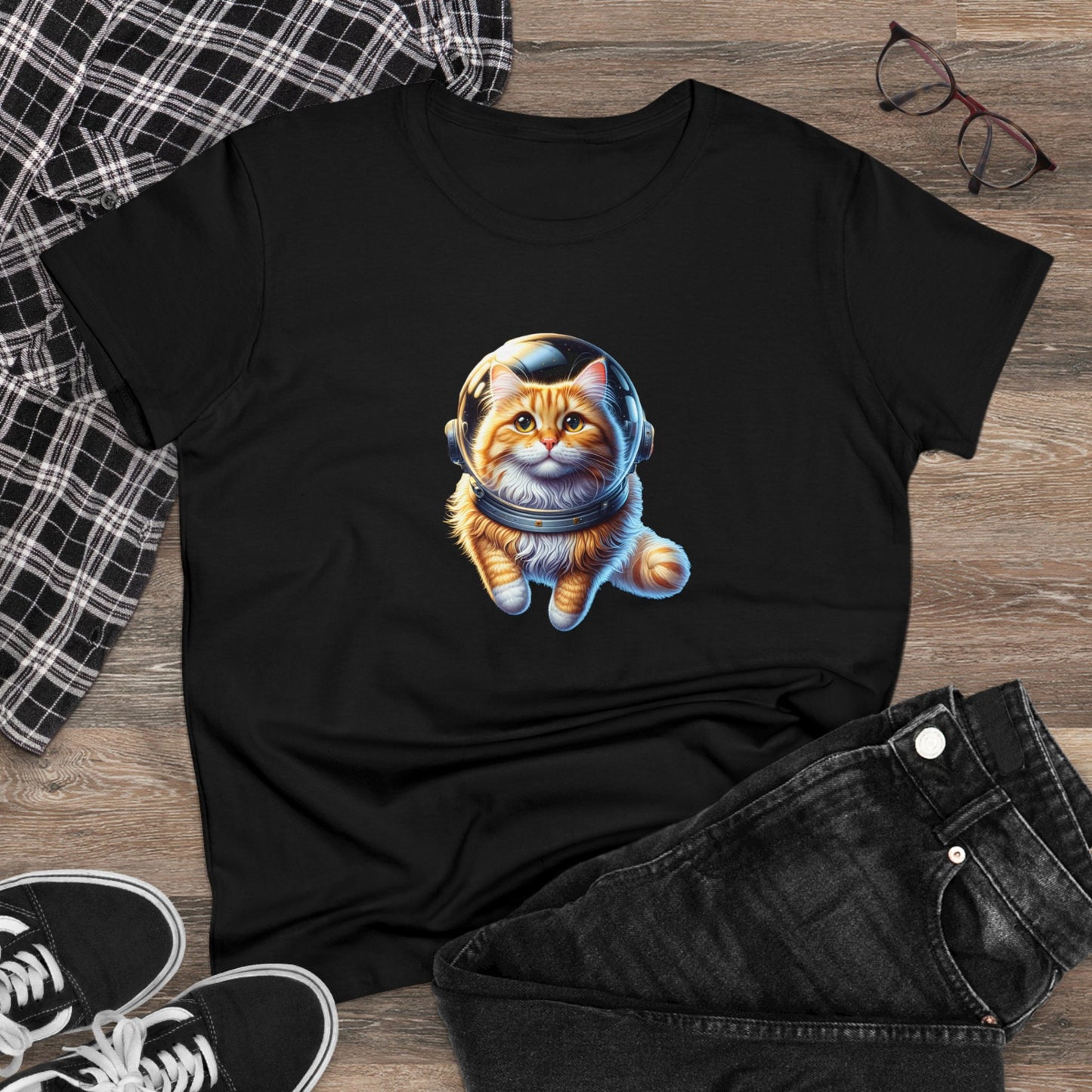 Space Cat, Yellow-Orange Long-Haired Tabby Kitty, Women's Midweight Cotton Tee