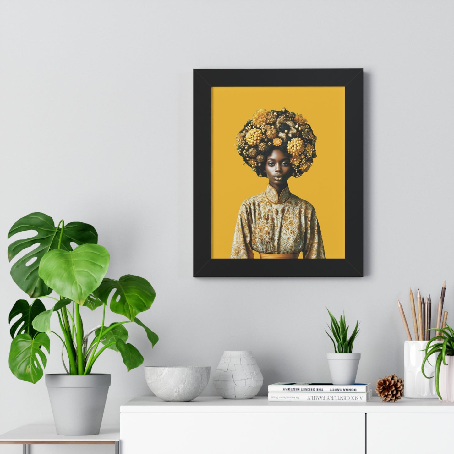 Framed Vertical Poster Peaceful African Woman with Yellow Flowers no bg