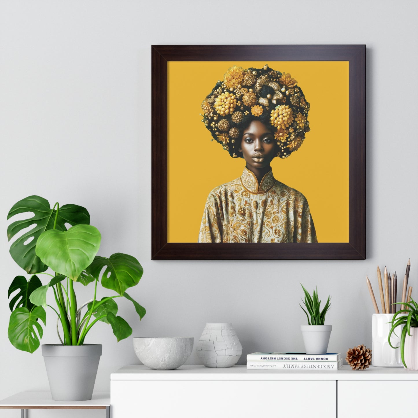 Framed Vertical Poster Peaceful African Woman with Yellow Flowers no bg