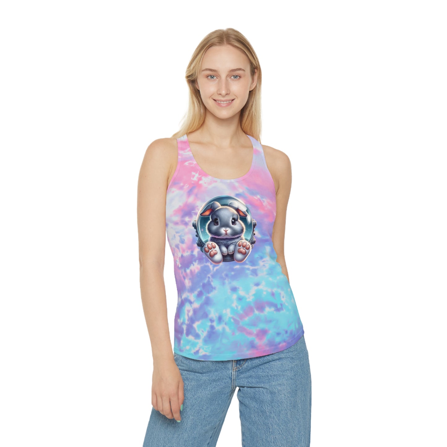 Tie Dye Racerback Tank Top w/Gray Space Bunny