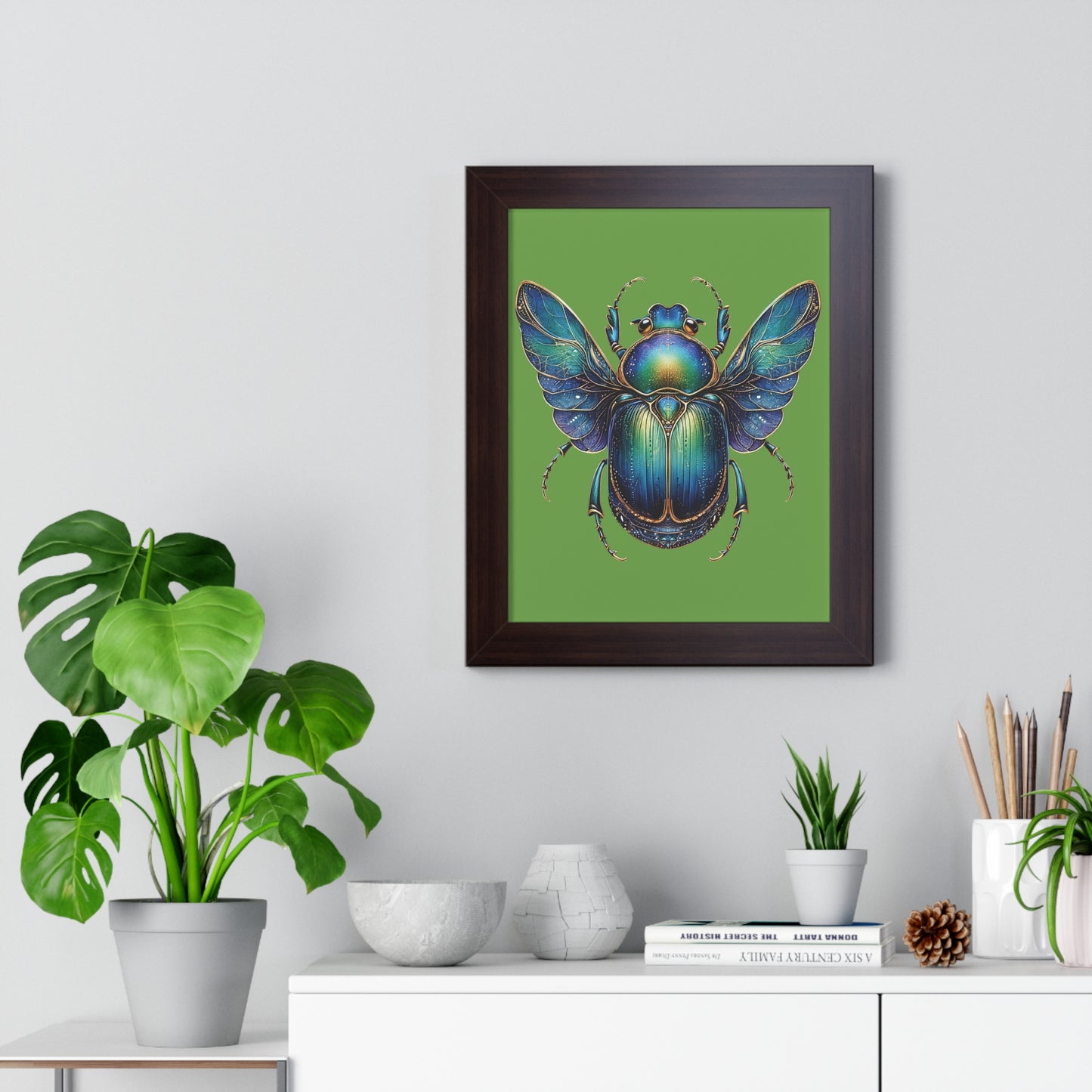 Framed Vertical Poster Scarab on Bright Green