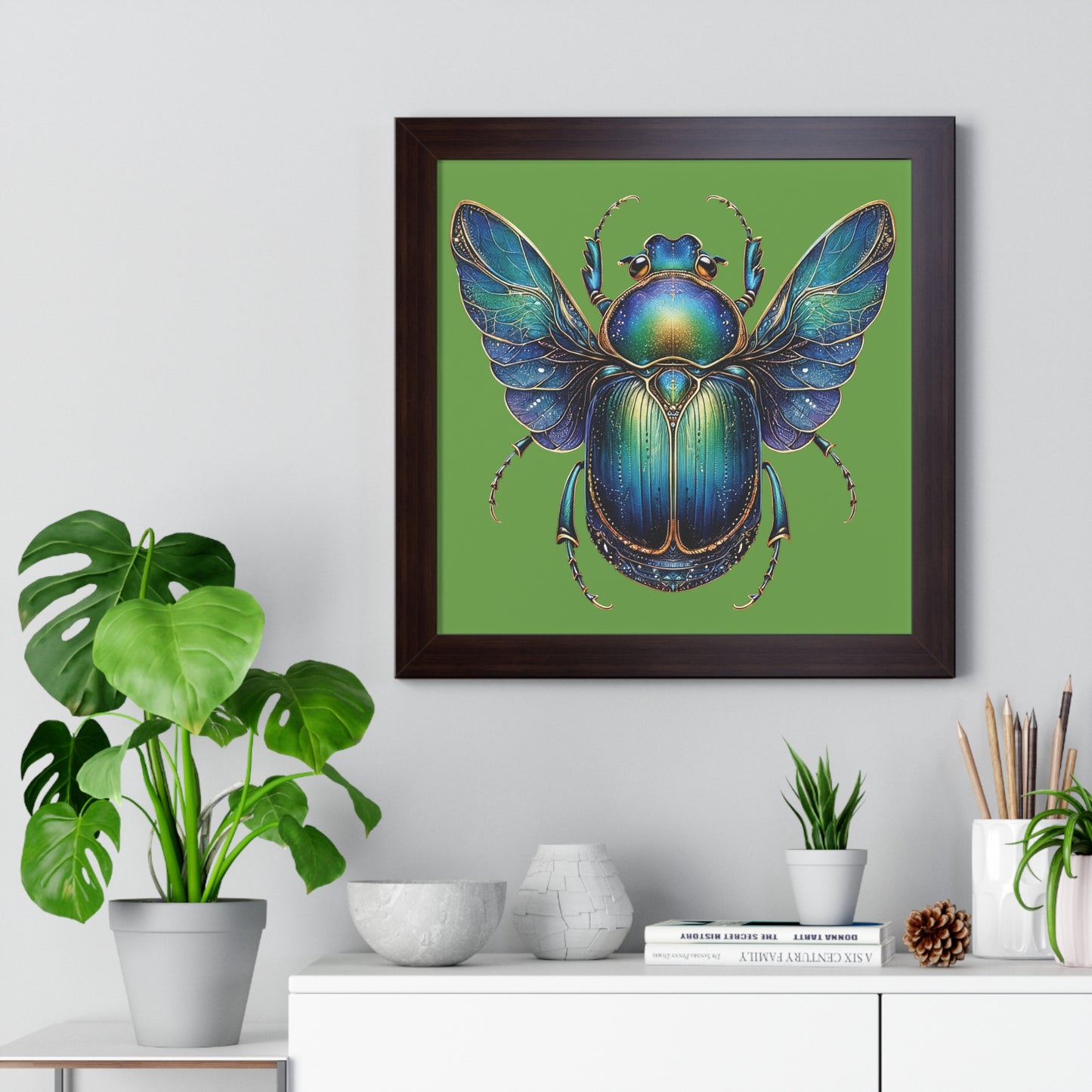 Framed Vertical Poster Scarab on Bright Green