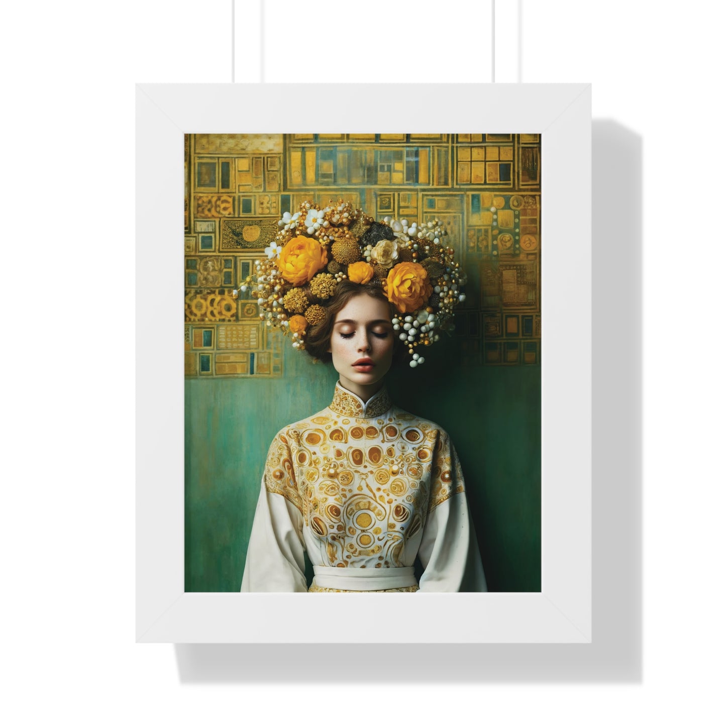 Framed Vertical Poster Peaceful Woman with Yellow Flowers