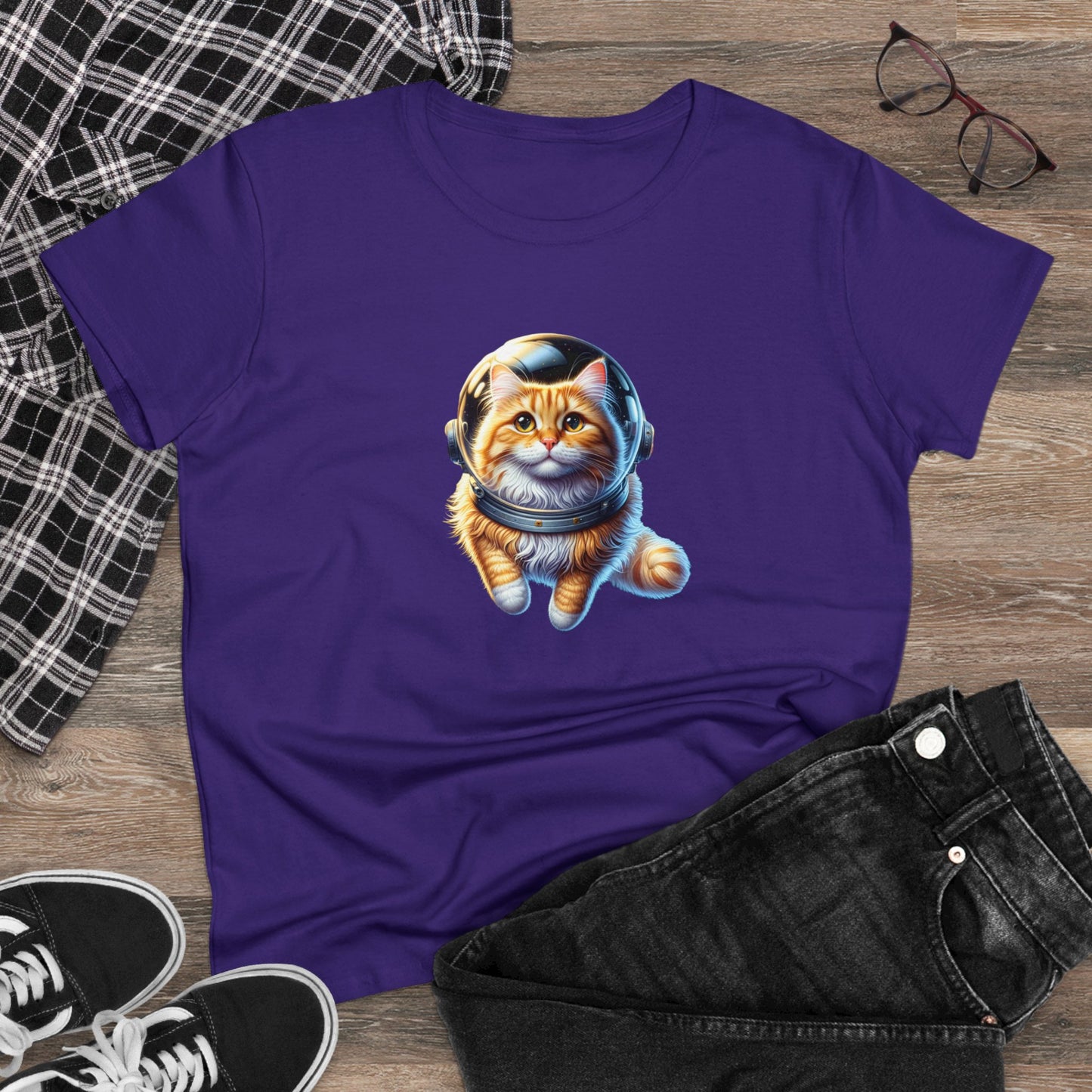 Space Cat, Yellow-Orange Long-Haired Tabby Kitty, Women's Midweight Cotton Tee