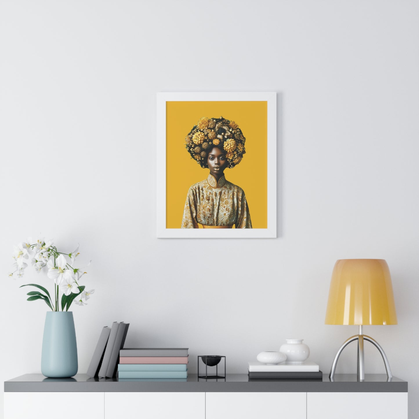 Framed Vertical Poster Peaceful African Woman with Yellow Flowers no bg