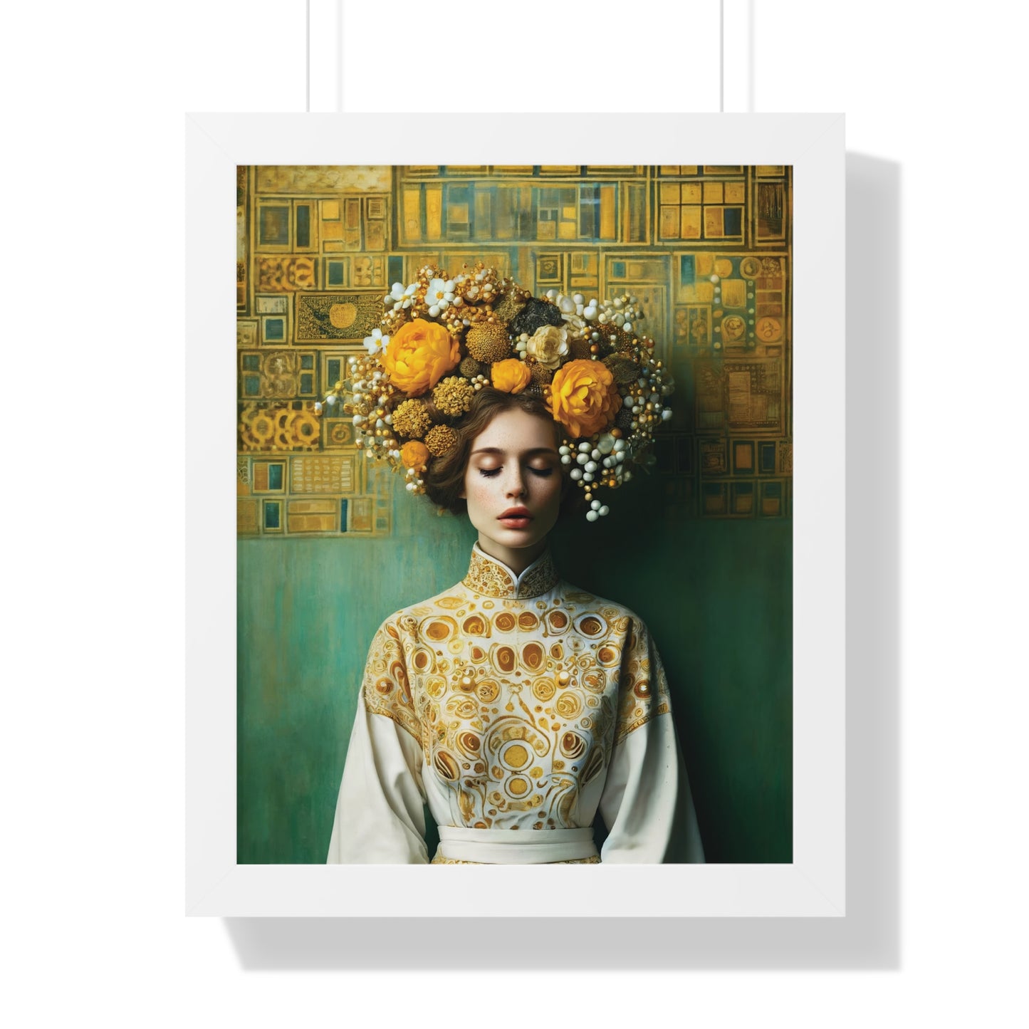 Framed Vertical Poster Peaceful Woman with Yellow Flowers