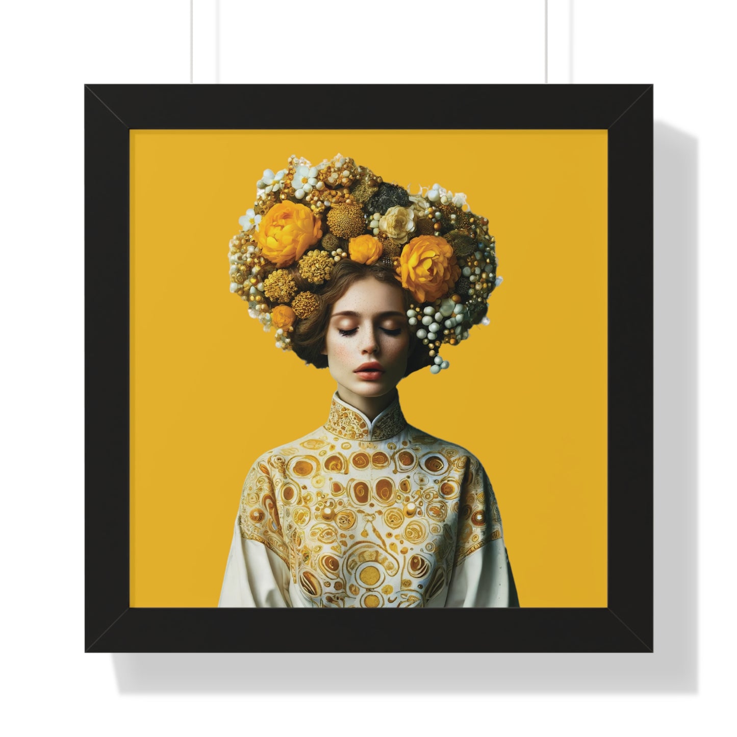 Framed Vertical Poster Peaceful Woman with Yellow Flowers no bg