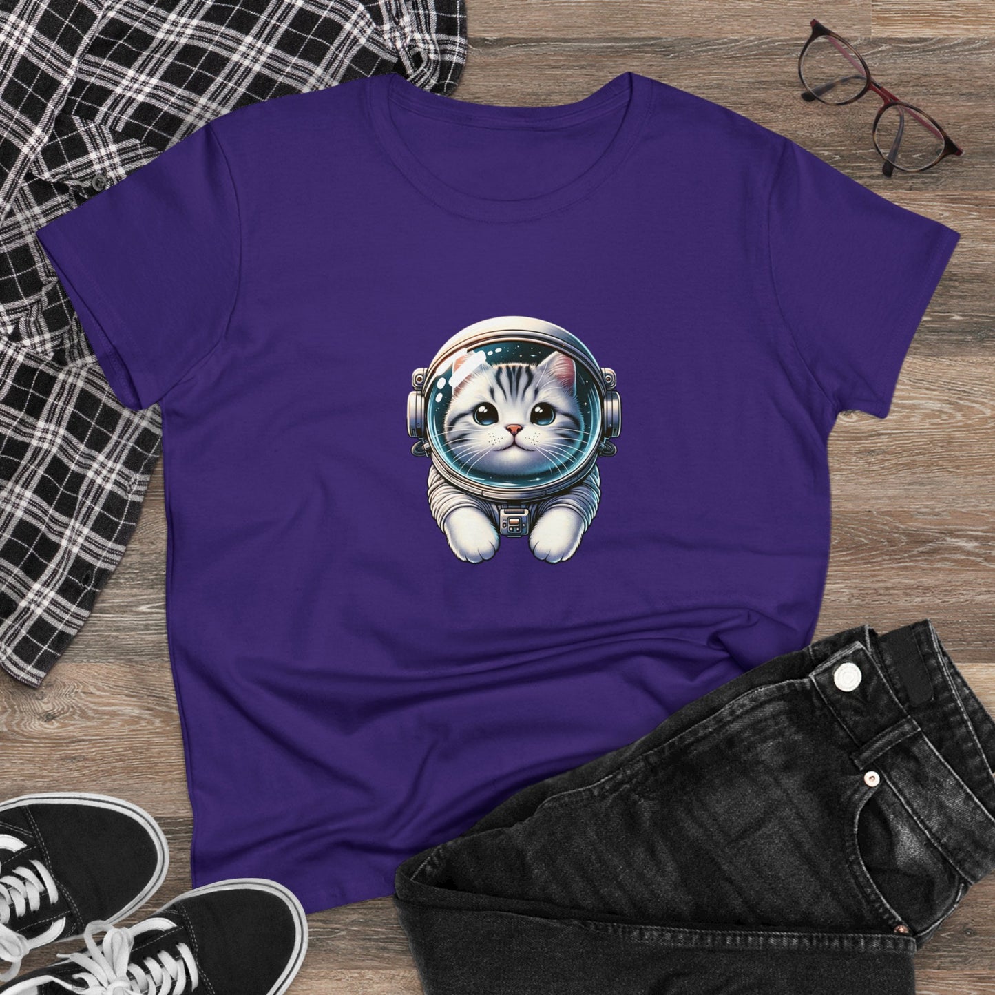 Space Cat, Gray Tiger Kitty, Women's Midweight Cotton Tee