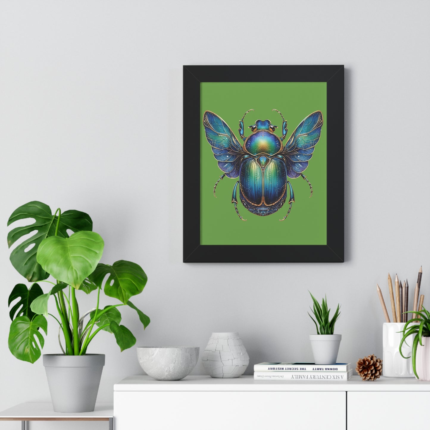 Framed Vertical Poster Scarab on Bright Green