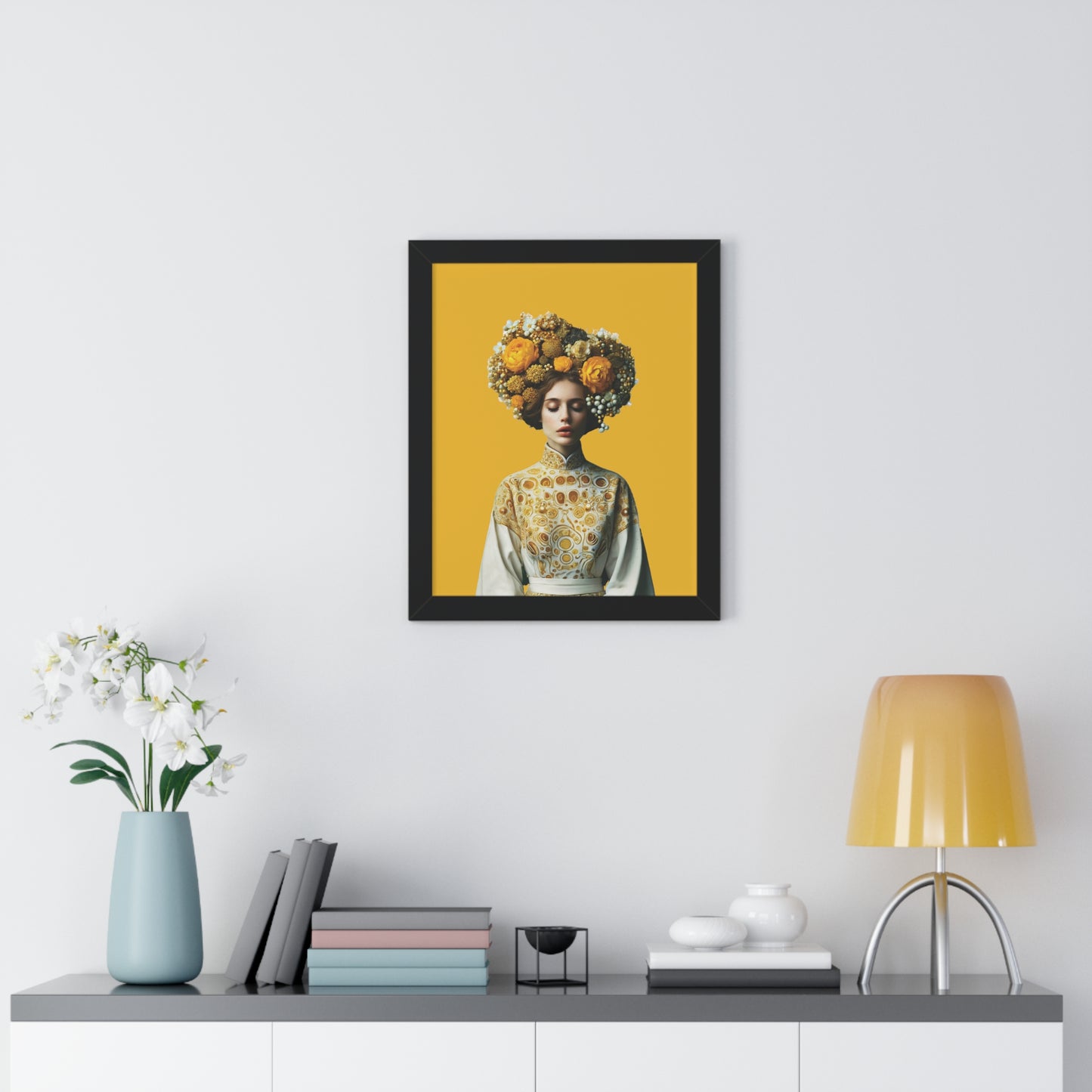 Framed Vertical Poster Peaceful Woman with Yellow Flowers no bg