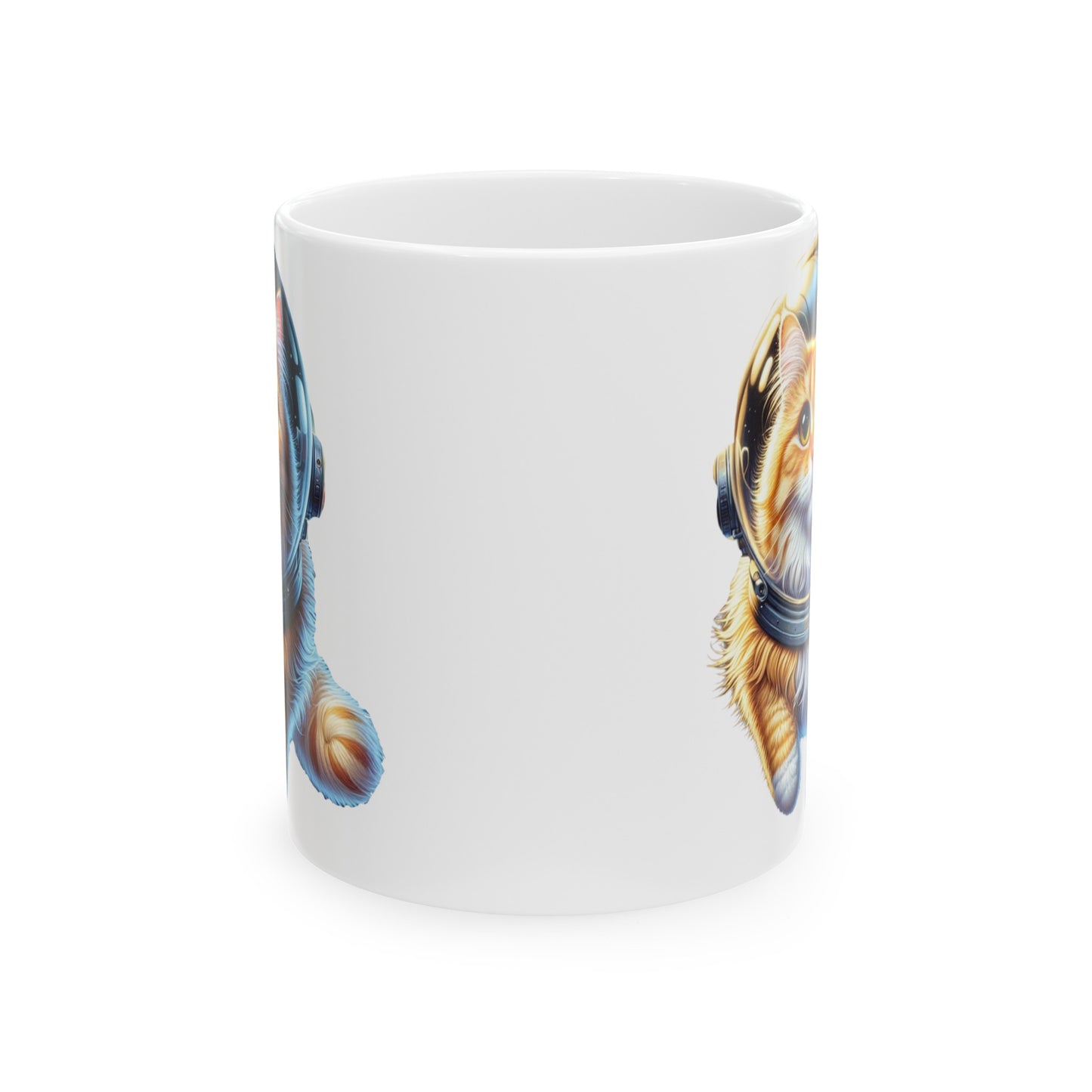 Space Cat, Yellow-Orange Long-Haired, Tabby, Ceramic Mug 11oz