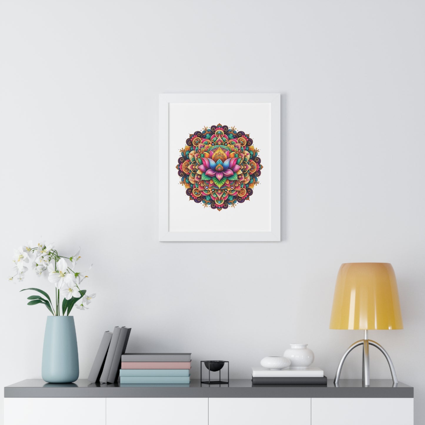 Framed Vertical Poster Lotus Mandala on white bg