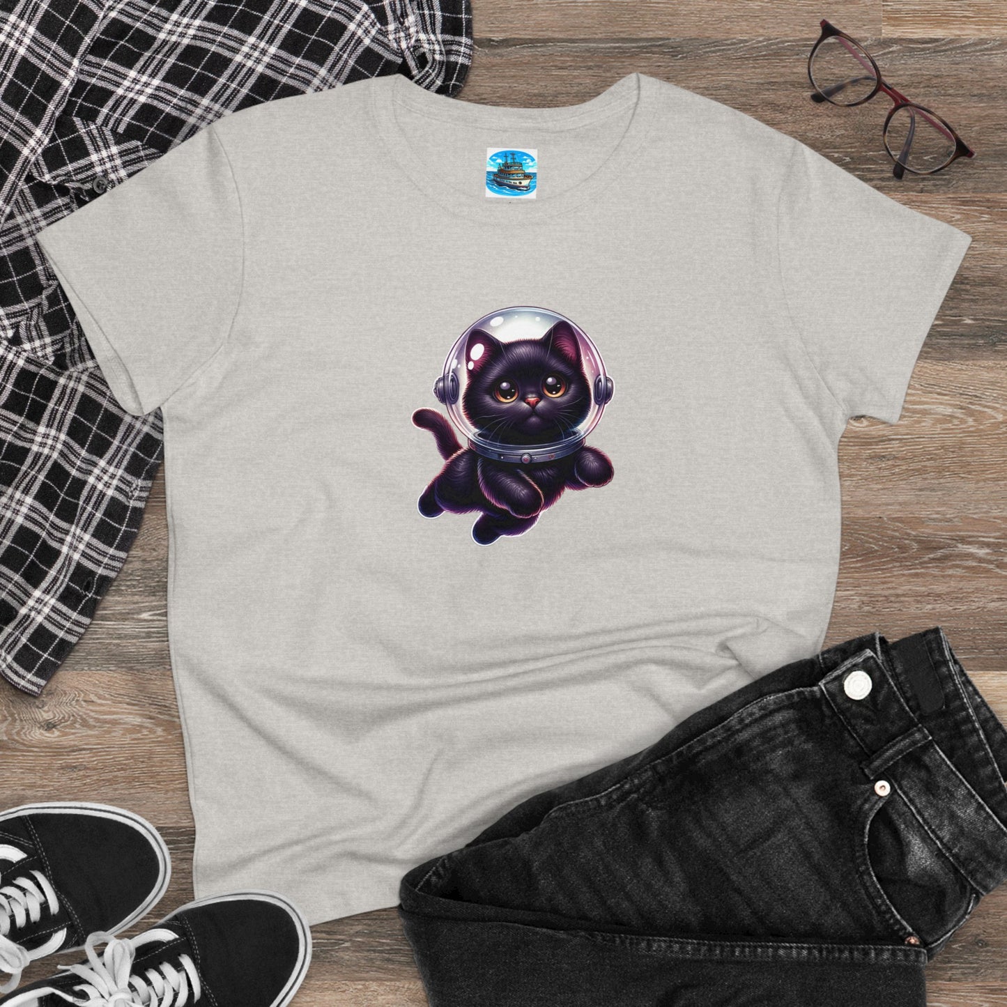 Women's Midweight Cotton Tee Space Cat, Black Cat