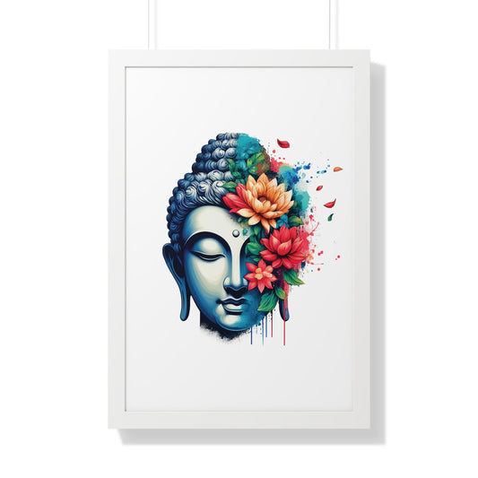 Framed Vertical Poster Peaceful Buddha with Flowers on White bg