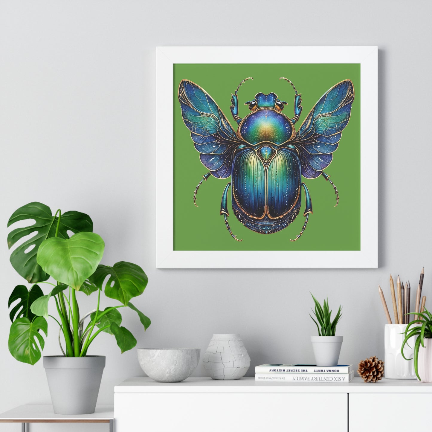 Framed Vertical Poster Scarab on Bright Green