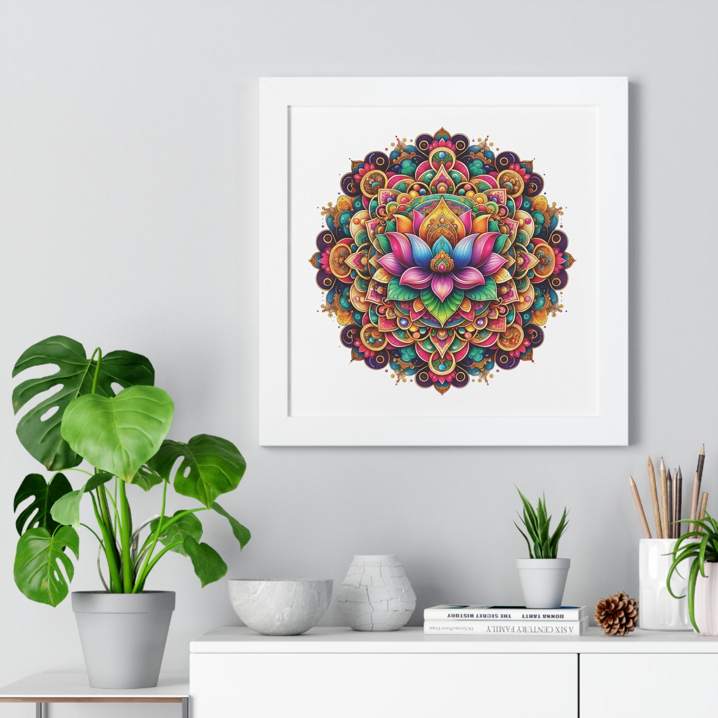 Framed Vertical Poster Lotus Mandala on white bg