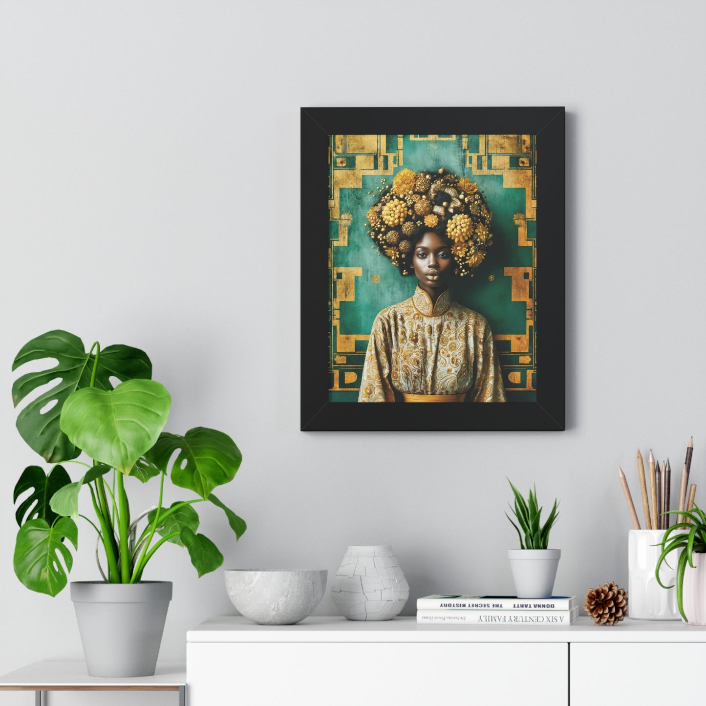 Framed Vertical Poster Peaceful African Woman with Yellow Flowers