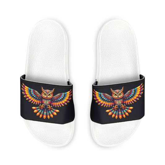 Women's PU Slide Sandals Alebrije Owl on Black