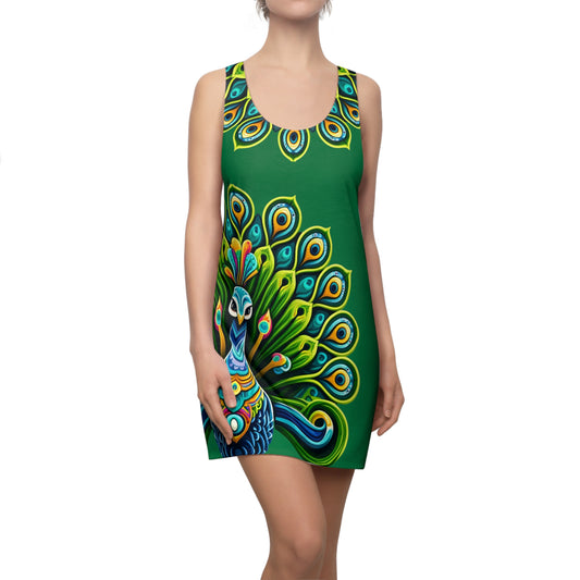 Women's Cut & Sew Racerback Dress (AOP) Peacock on Dark Green