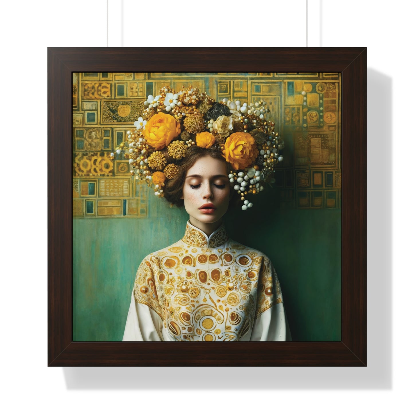 Framed Vertical Poster Peaceful Woman with Yellow Flowers