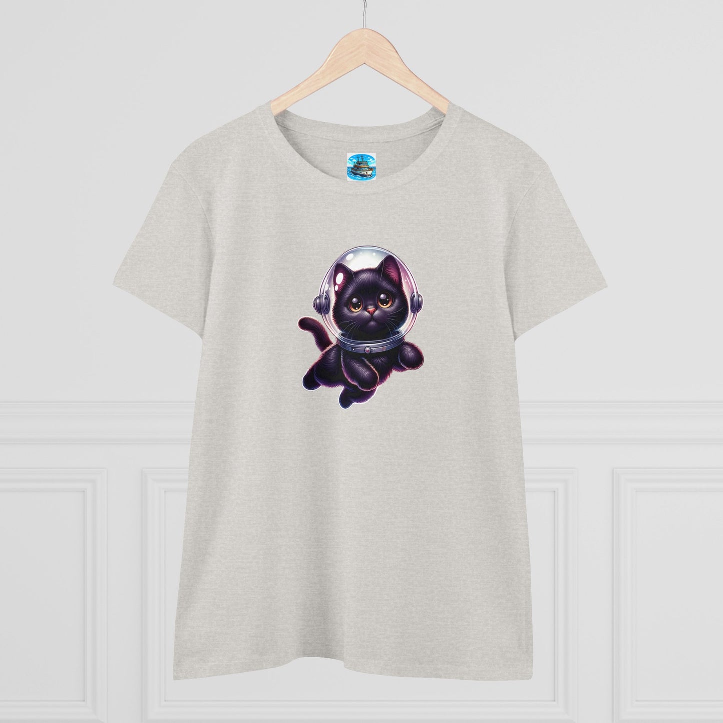 Women's Midweight Cotton Tee Space Cat, Black Cat