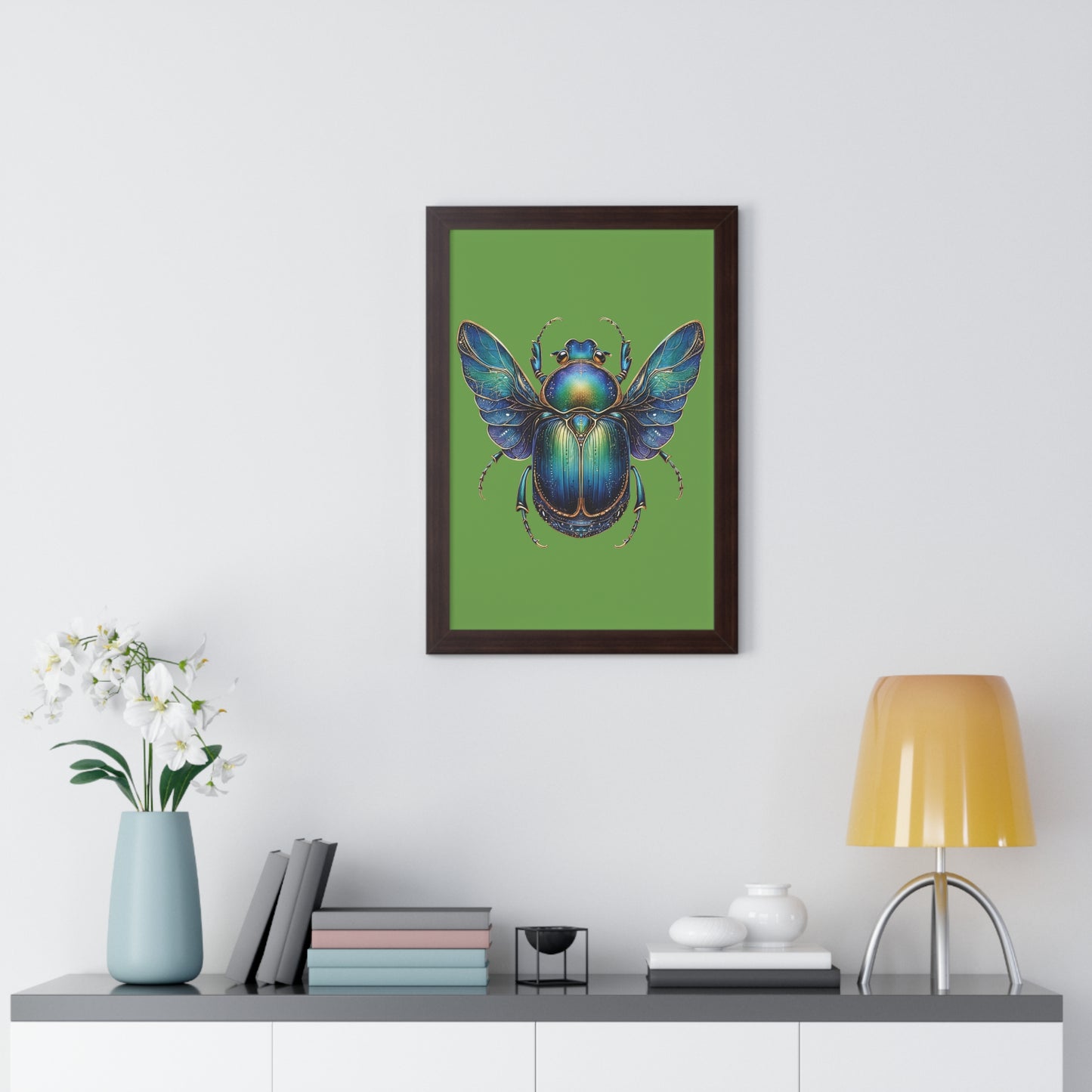 Framed Vertical Poster Scarab on Bright Green