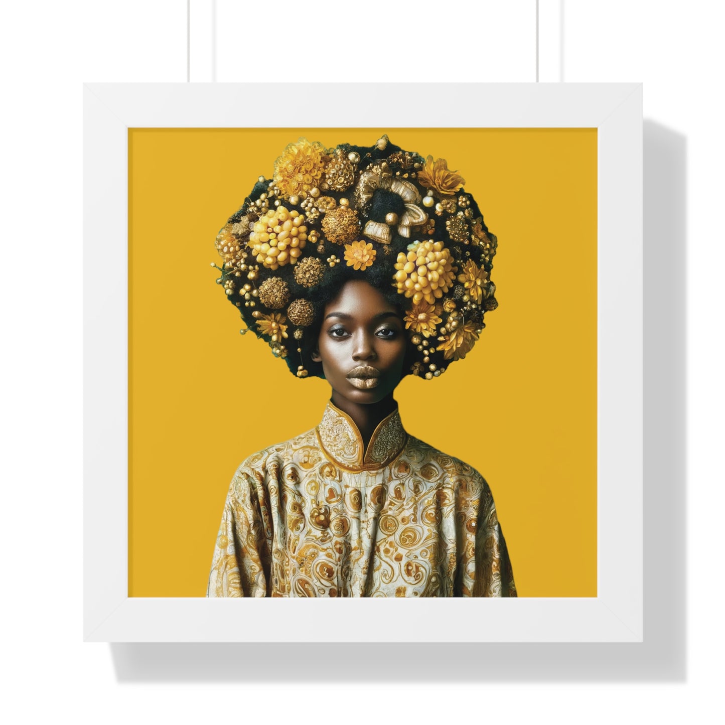 Framed Vertical Poster Peaceful African Woman with Yellow Flowers no bg