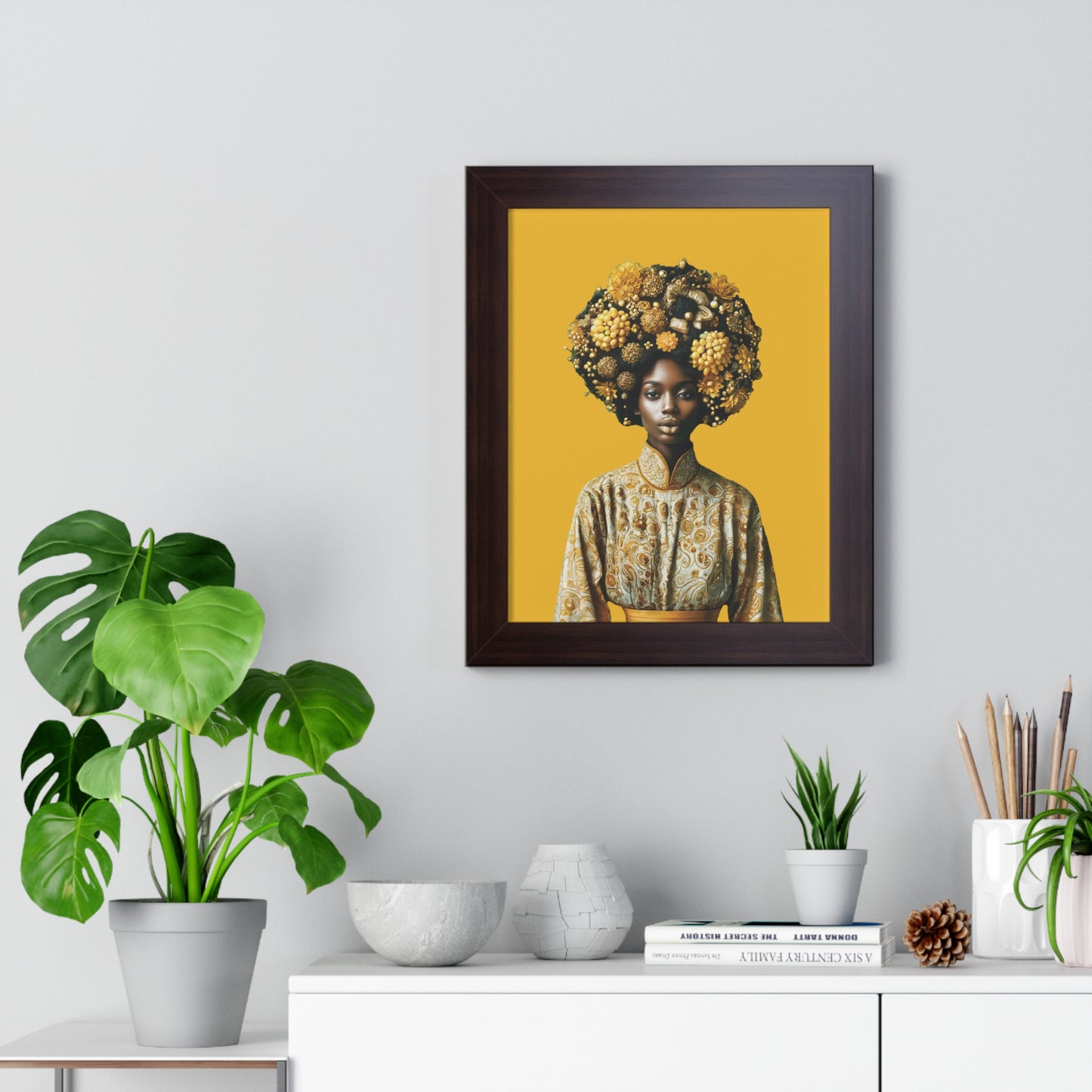 Framed Vertical Poster Peaceful African Woman with Yellow Flowers no bg