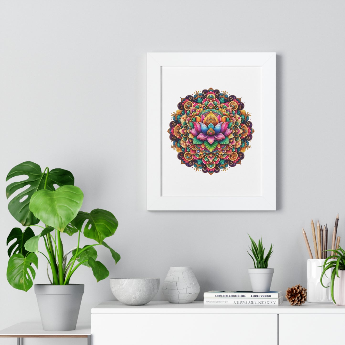 Framed Vertical Poster Lotus Mandala on white bg