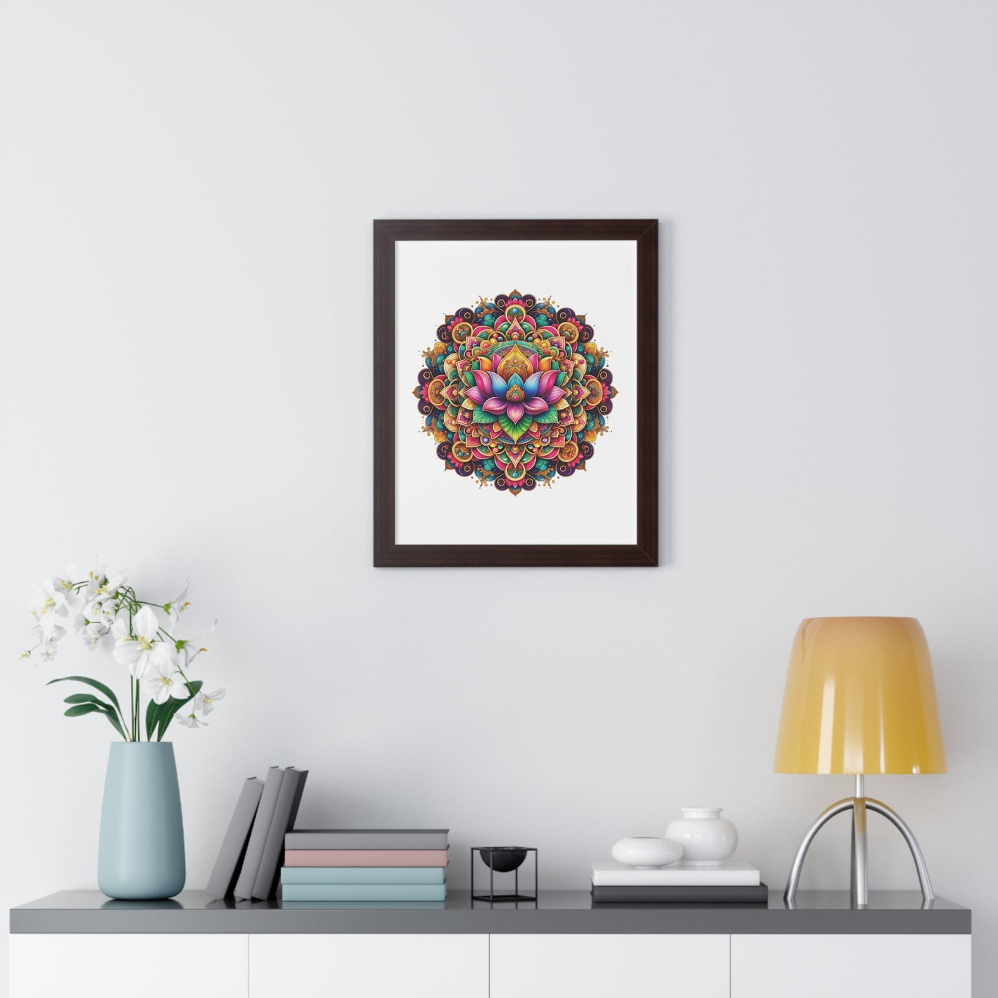 Framed Vertical Poster Lotus Mandala on white bg