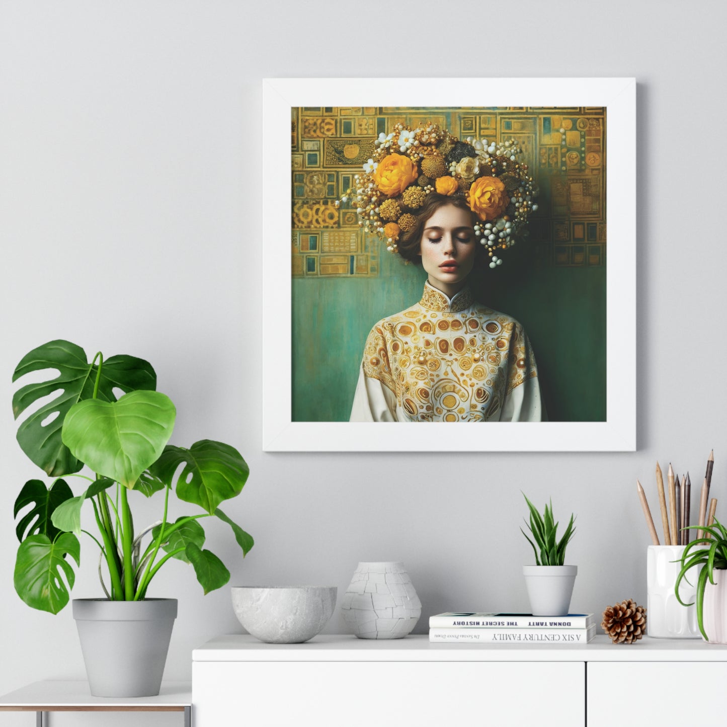 Framed Vertical Poster Peaceful Woman with Yellow Flowers