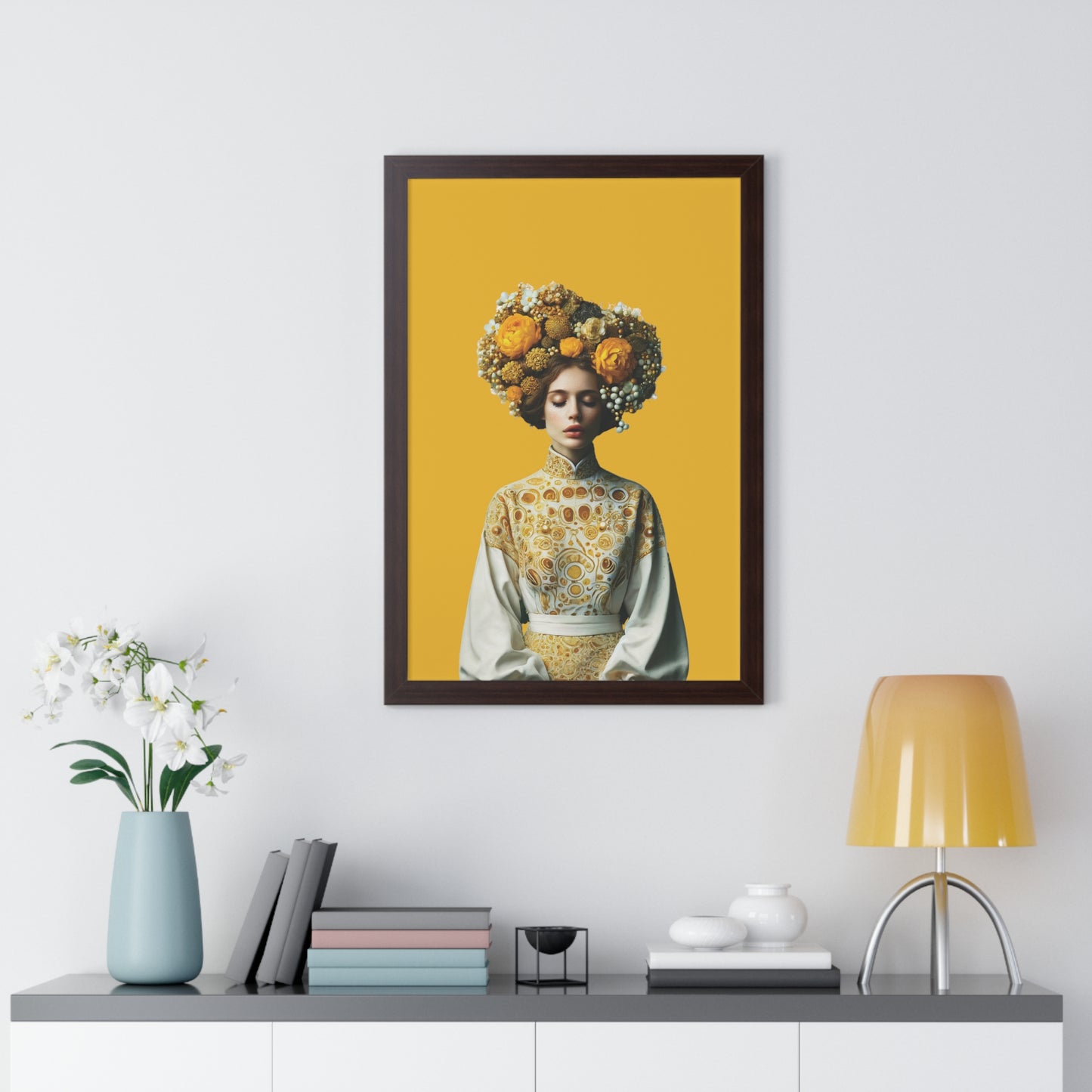 Framed Vertical Poster Peaceful Woman with Yellow Flowers no bg