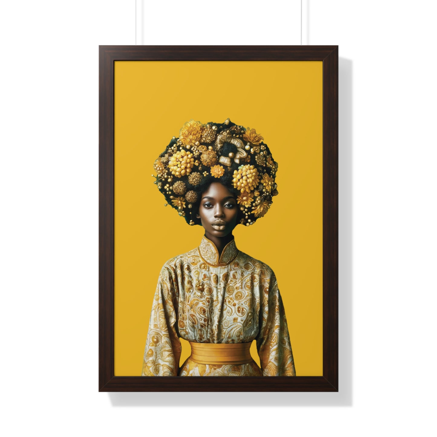 Framed Vertical Poster Peaceful African Woman with Yellow Flowers no bg