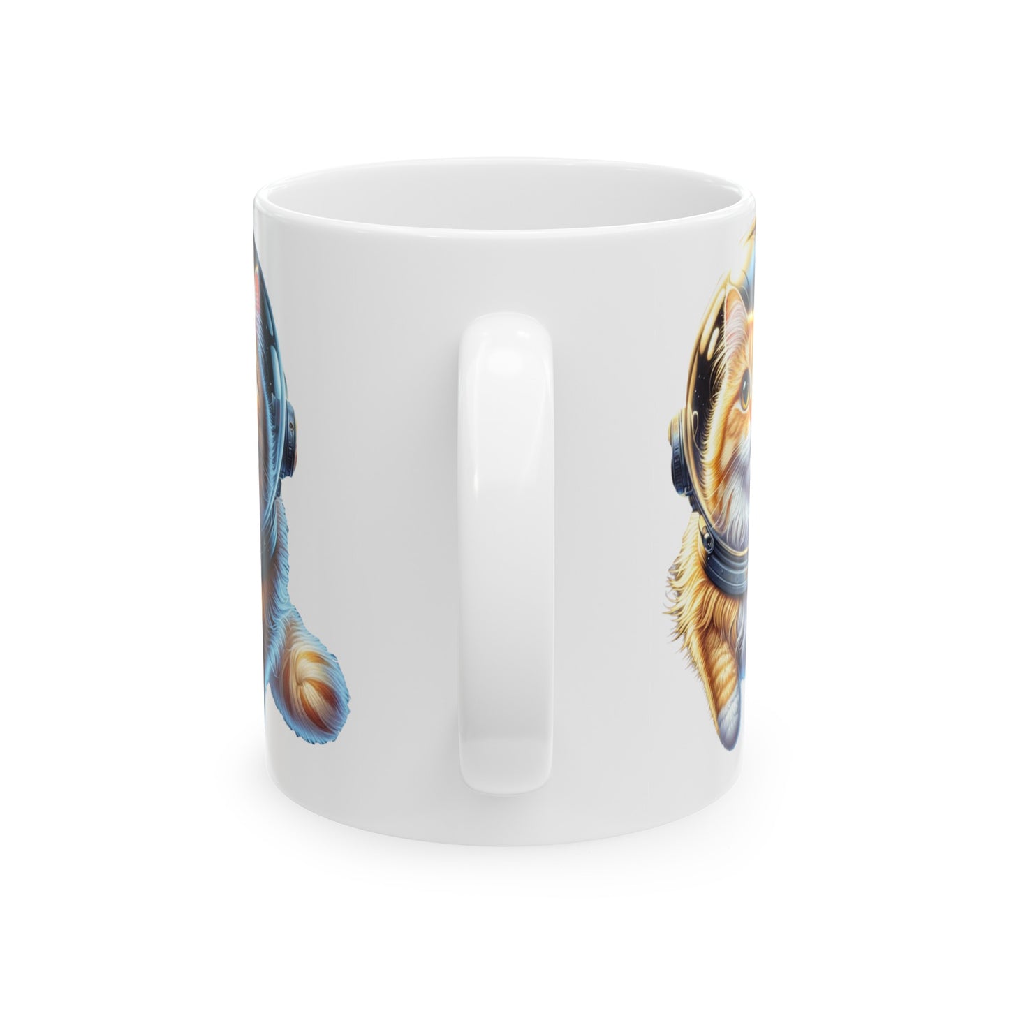 Space Cat, Yellow-Orange Long-Haired, Tabby, Ceramic Mug 11oz