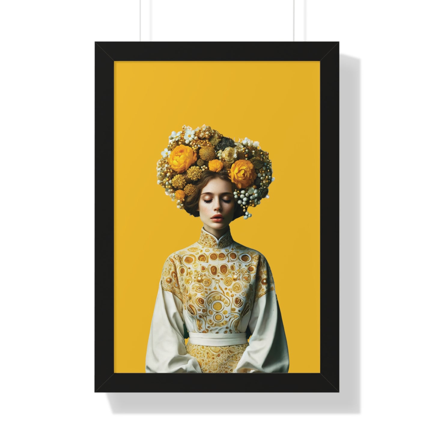 Framed Vertical Poster Peaceful Woman with Yellow Flowers no bg