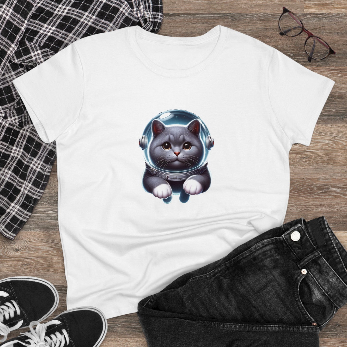 Space Cat, Gray Kitty, Women's Midweight Cotton Tee