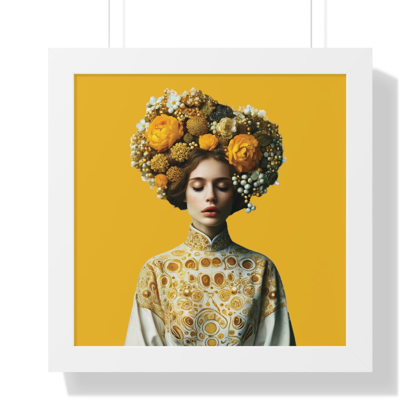 Framed Vertical Poster Peaceful Woman with Yellow Flowers no bg