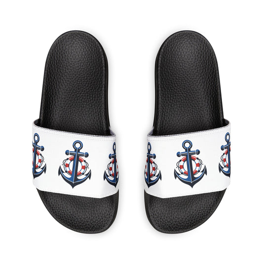 Men's PU Slide Sandals White with Anchor and Lifesaver