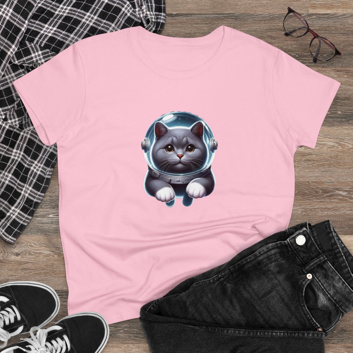 Space Cat, Gray Kitty, Women's Midweight Cotton Tee