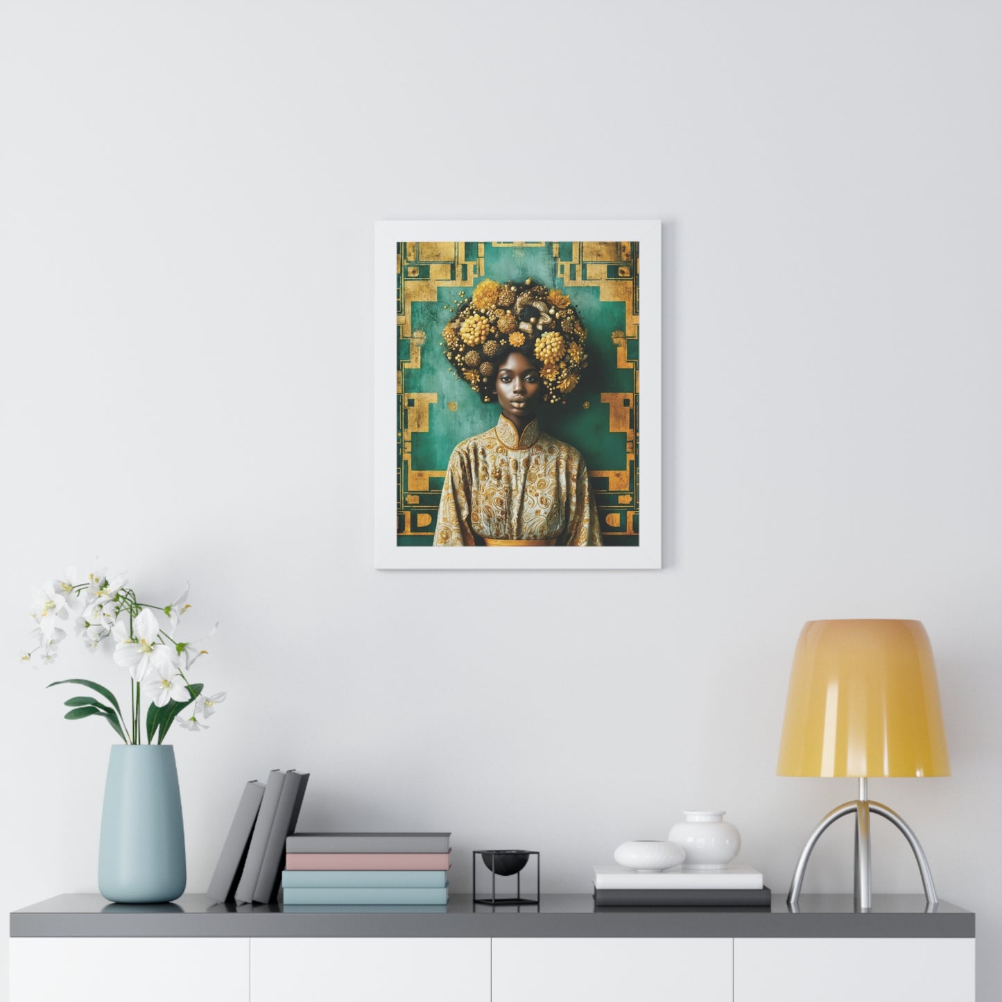 Framed Vertical Poster Peaceful African Woman with Yellow Flowers