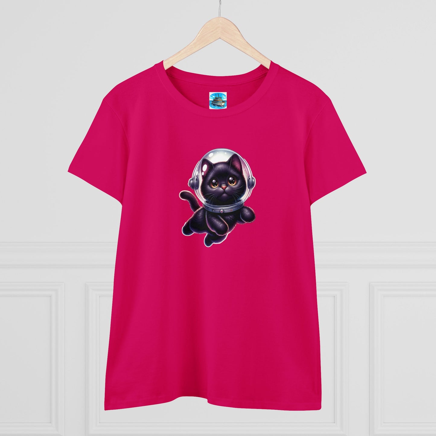 Women's Midweight Cotton Tee Space Cat, Black Cat