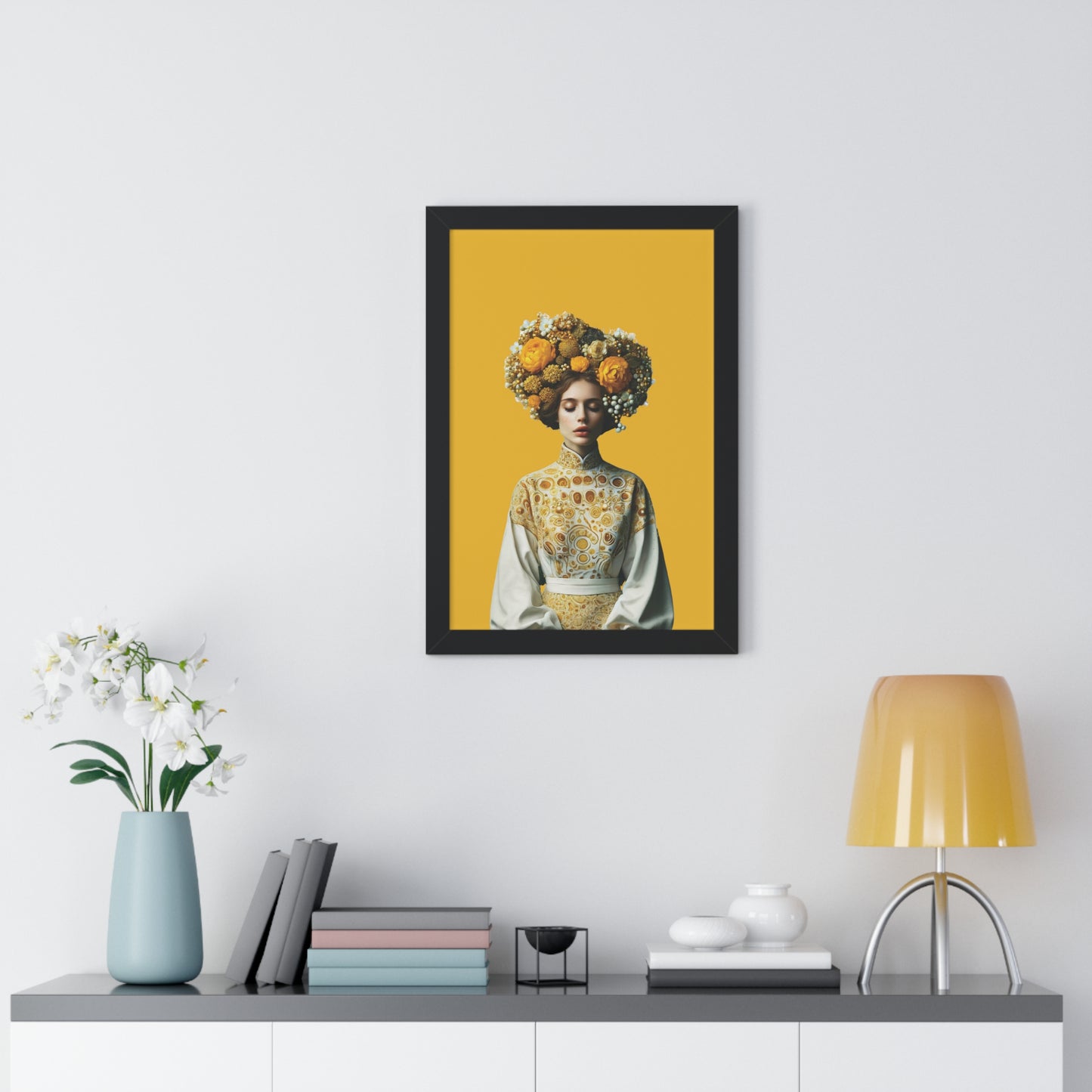 Framed Vertical Poster Peaceful Woman with Yellow Flowers no bg