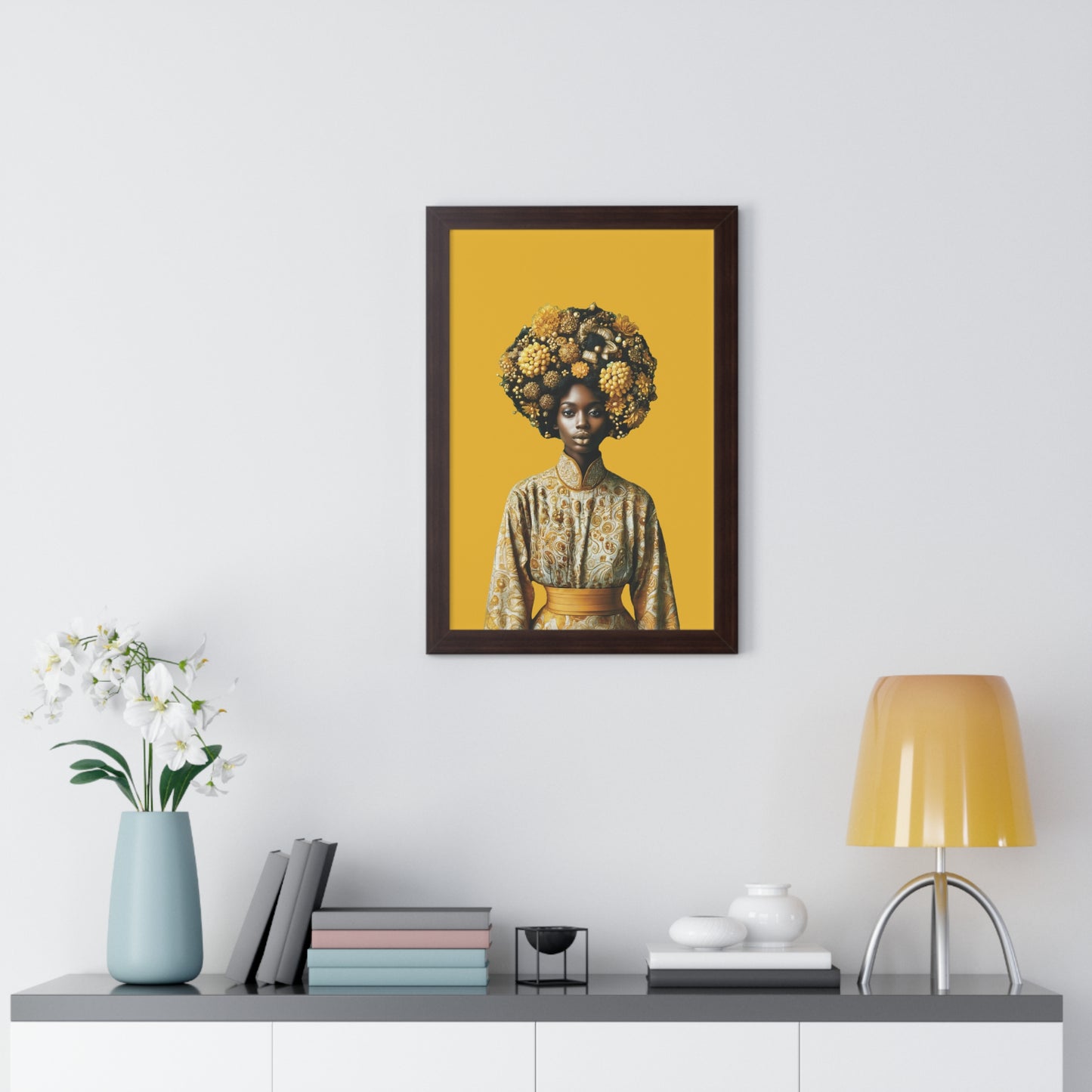 Framed Vertical Poster Peaceful African Woman with Yellow Flowers no bg