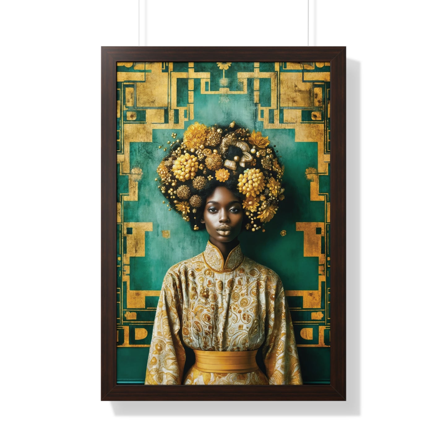 Framed Vertical Poster Peaceful African Woman with Yellow Flowers