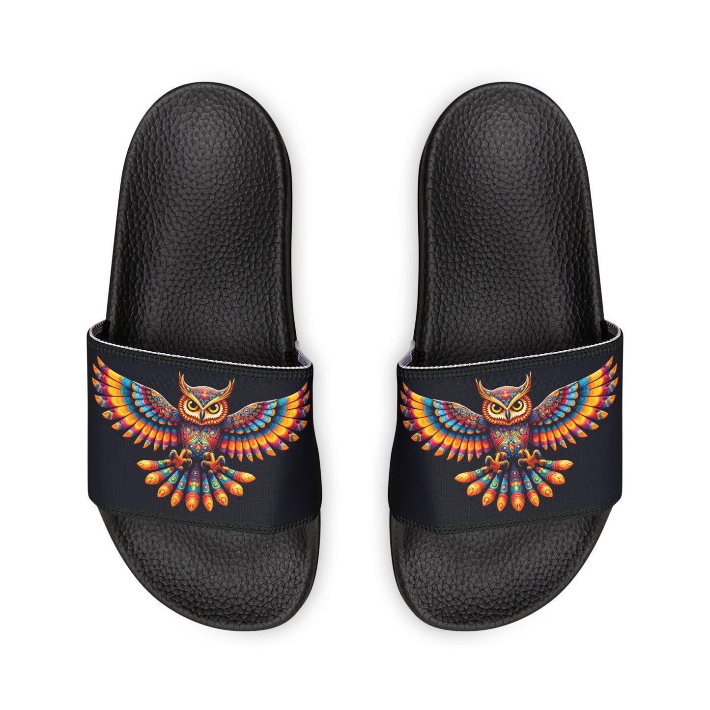 Women's PU Slide Sandals Alebrije Owl on Black