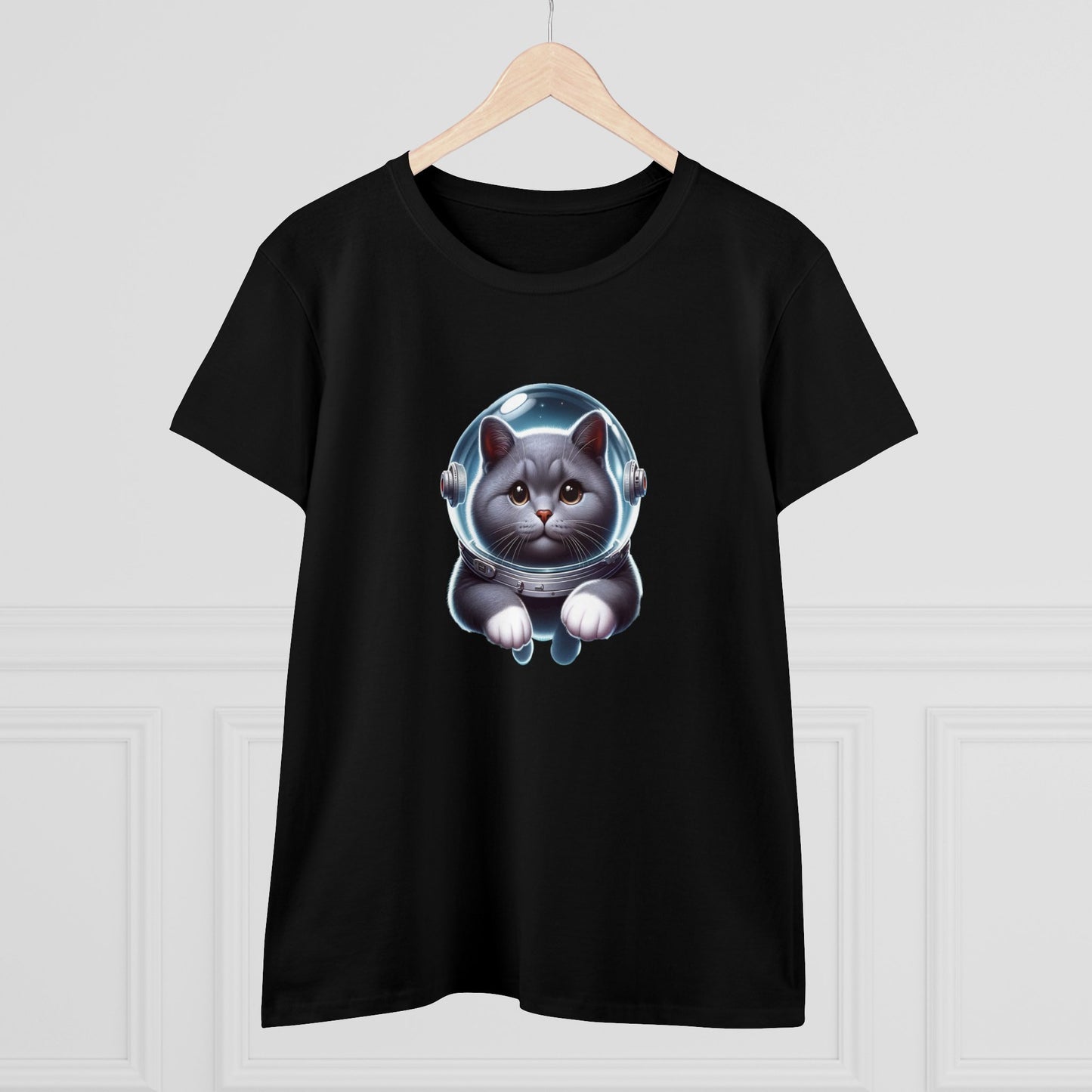 Space Cat, Gray Kitty, Women's Midweight Cotton Tee